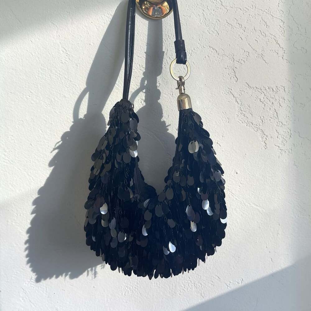 Vintage Y2N Black Sequin Embellished Shoulder Bag Party Handbag w/Gold Case